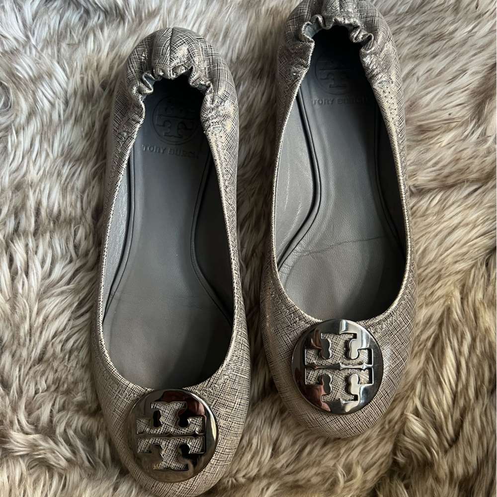 Tory Burch Metallic Gray Loafers